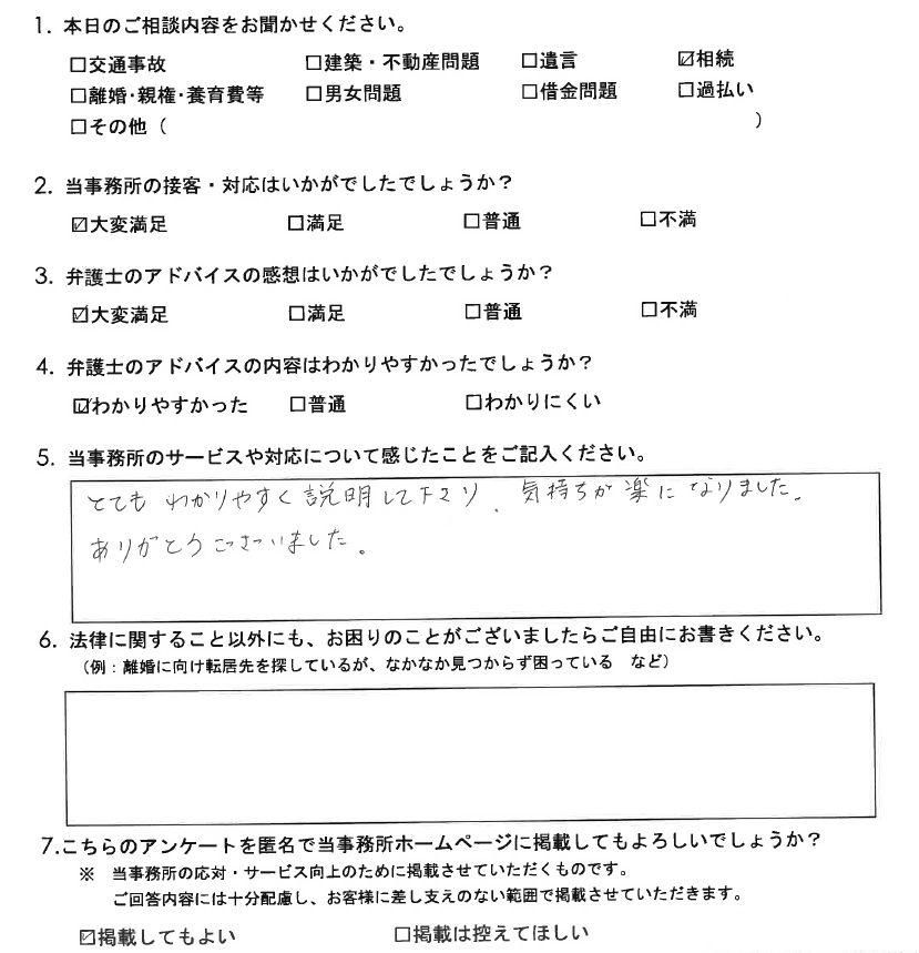 とてもわかりやすく説明してくださり、気持ちが楽になりました。（上越）